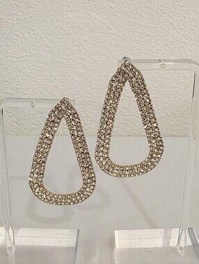 Tear Drop Diamond Earrings In Goldtone L: 2" New
